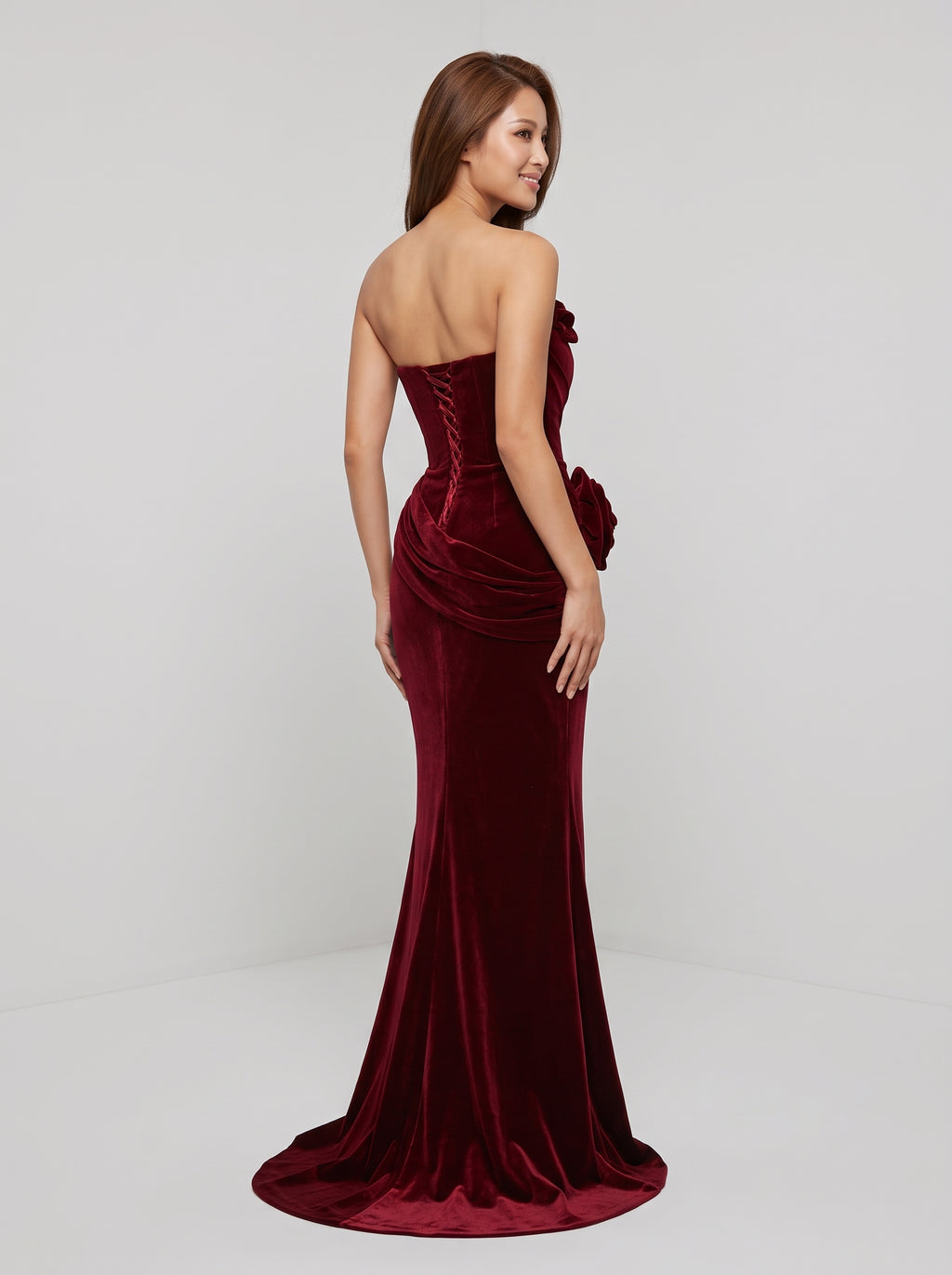 Burgundy Velvet Mermaid Straight Neck Lace-up Floor-Length Dress