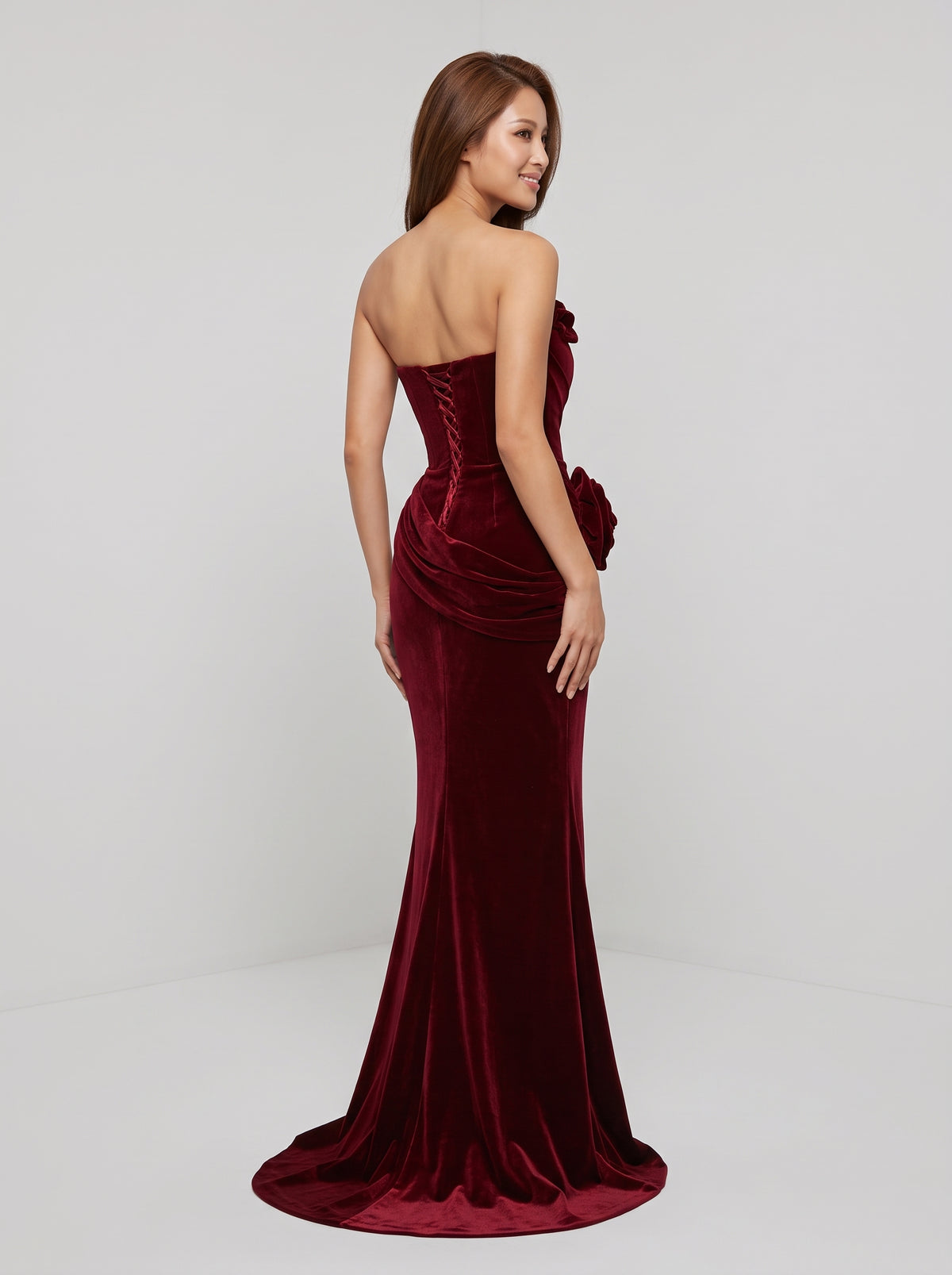 Burgundy Velvet Mermaid Straight Neck Lace-up Floor-Length Dress