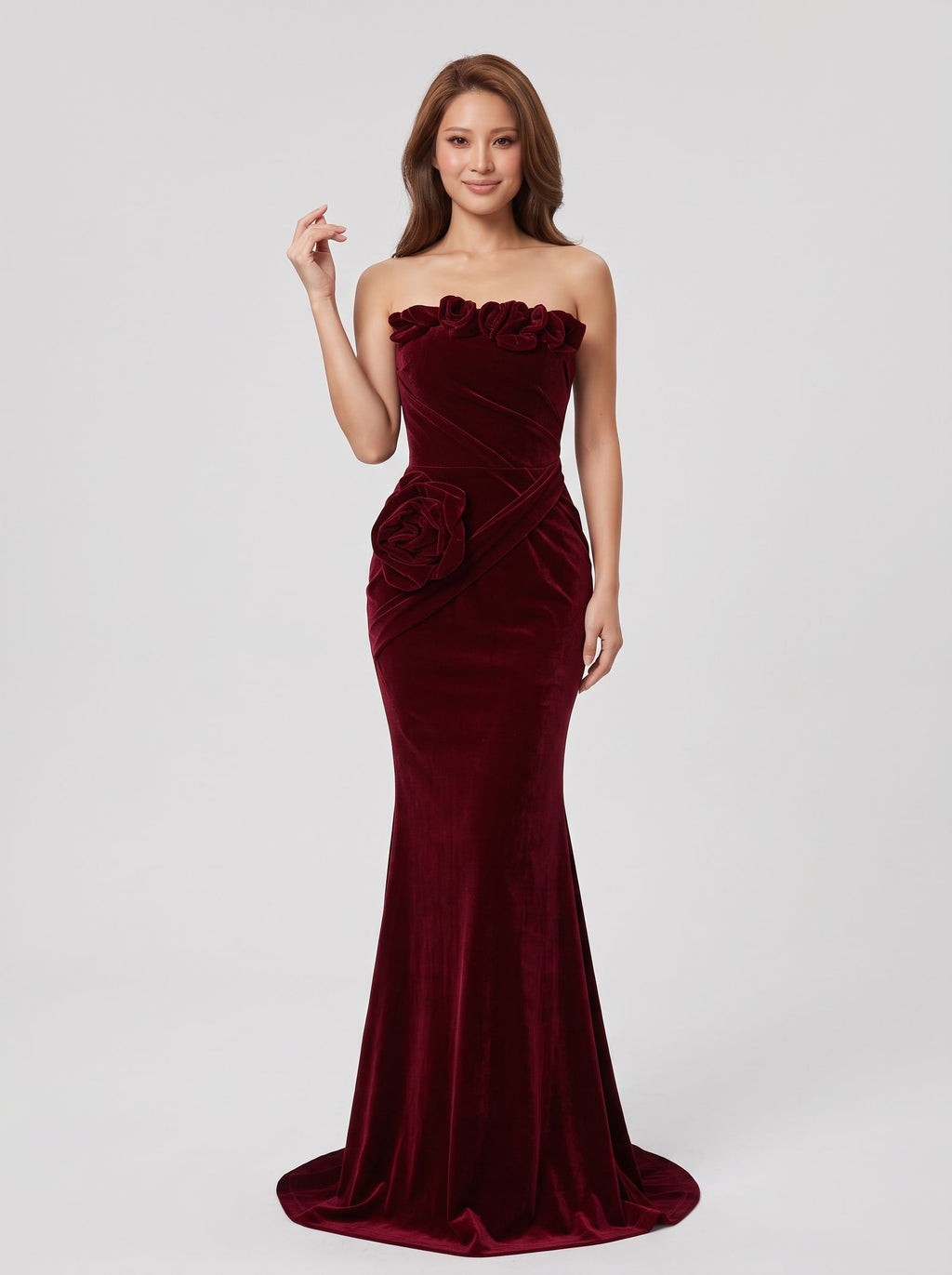 Burgundy Velvet Mermaid Straight Neck Lace-up Floor-Length Dress