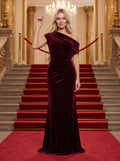 Burgundy Velvet Sheath Off-the-Shoulder Side Zip Floor-Length Dress
