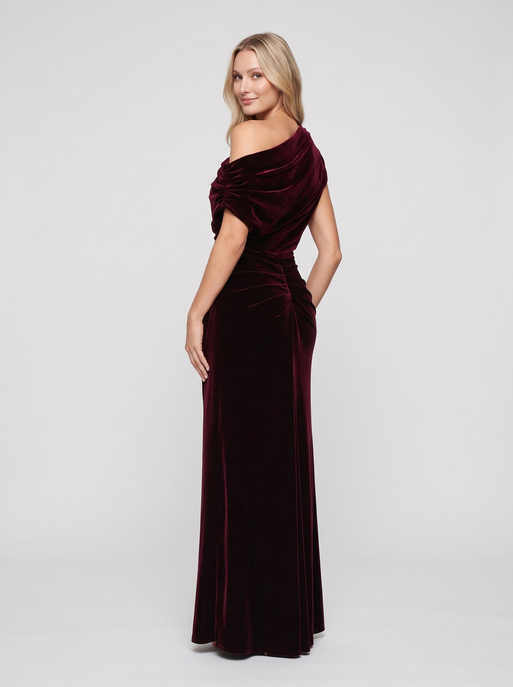 Burgundy Velvet Sheath Off-the-Shoulder Side Zip Floor-Length Dress