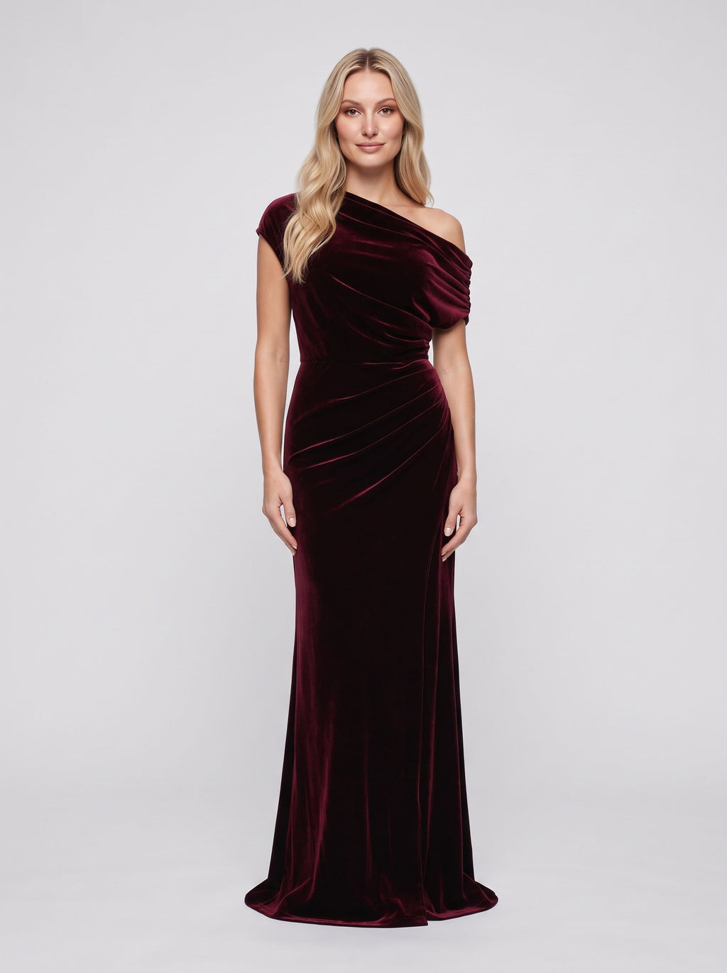 Burgundy Velvet Sheath Off-the-Shoulder Side Zip Floor-Length Dress