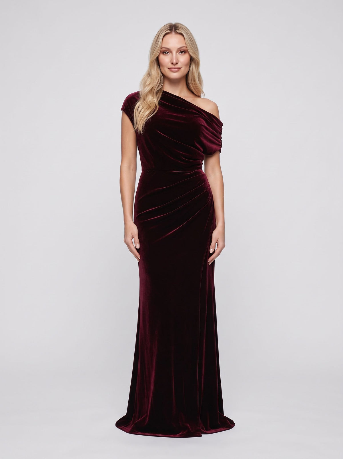 Burgundy Velvet Sheath Off-the-Shoulder Side Zip Floor-Length Dress