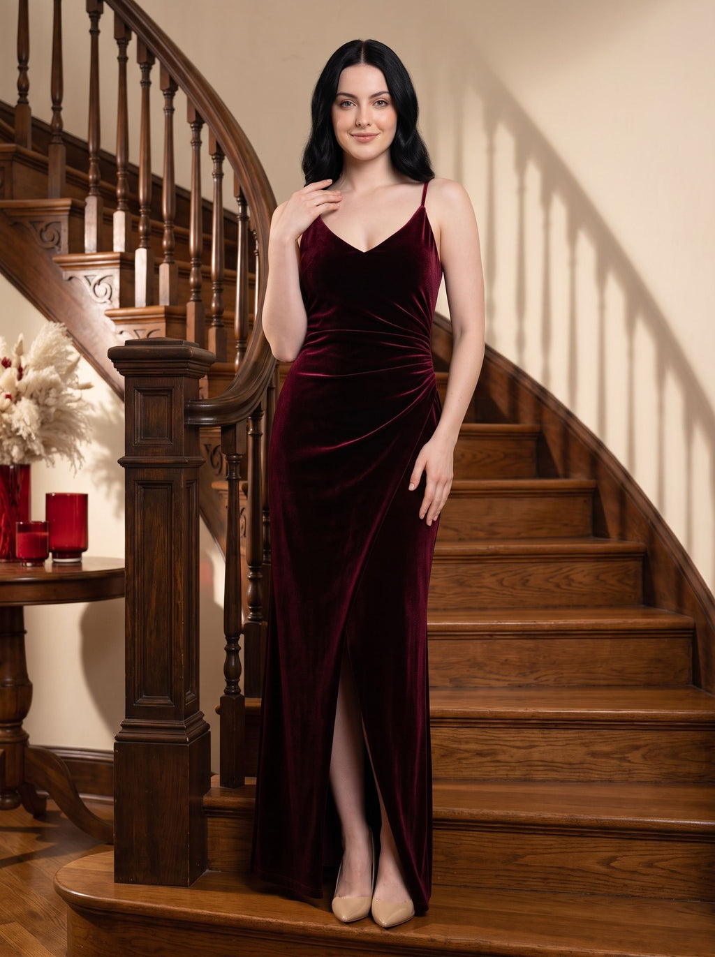 Burgundy Velvet Sheath V-Neck Back Zip Floor-Length Dress