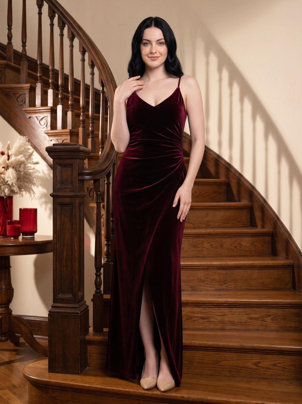 Burgundy Velvet Sheath V-Neck Back Zip Floor-Length Dress