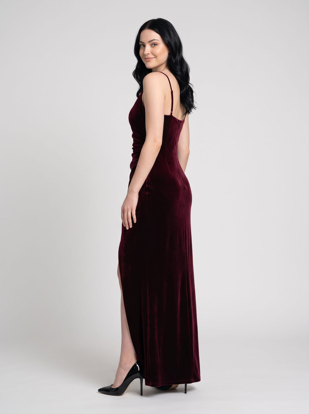 Burgundy Velvet Sheath V-Neck Back Zip Floor-Length Dress
