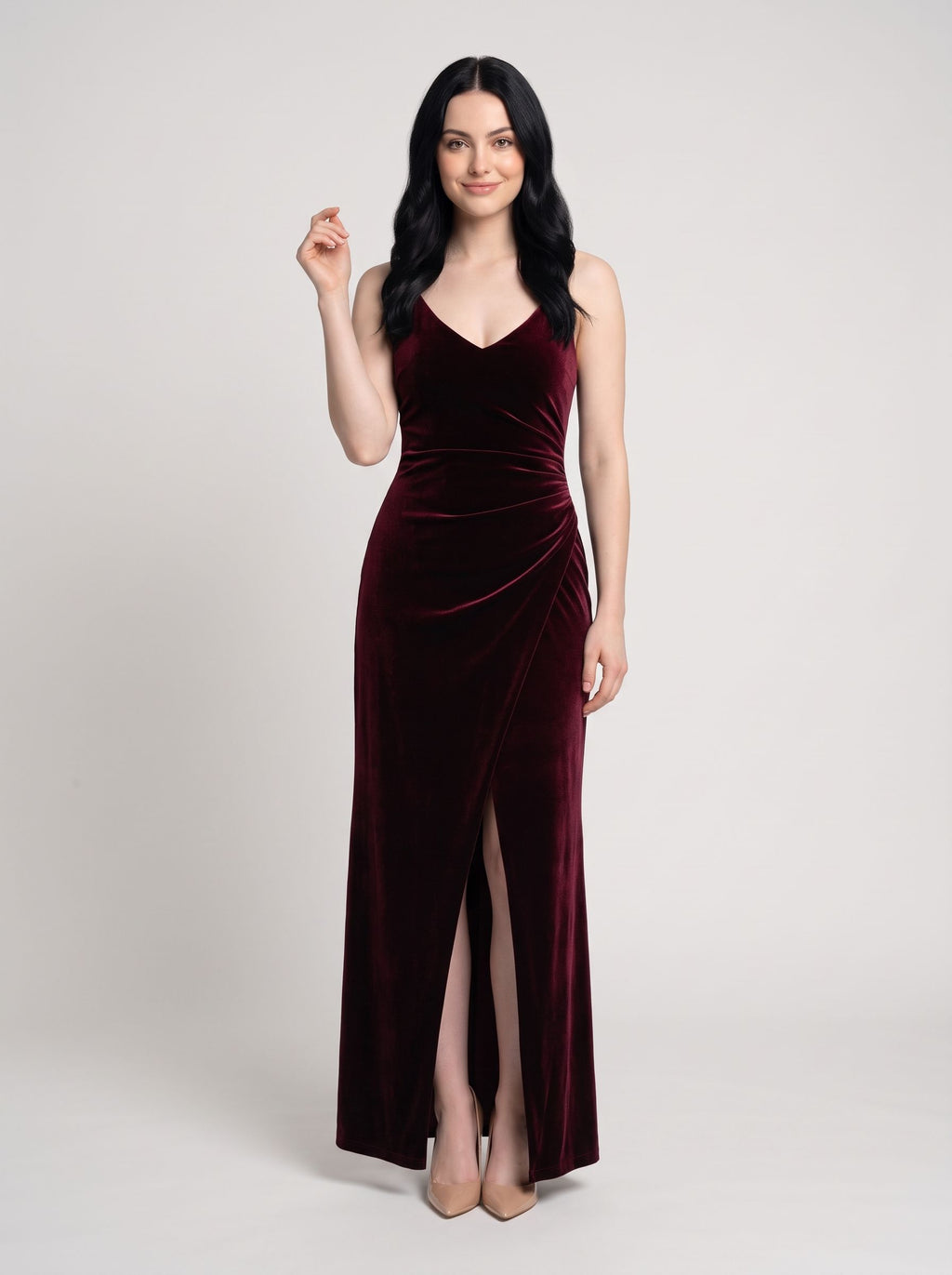 Burgundy Velvet Sheath V-Neck Back Zip Floor-Length Dress