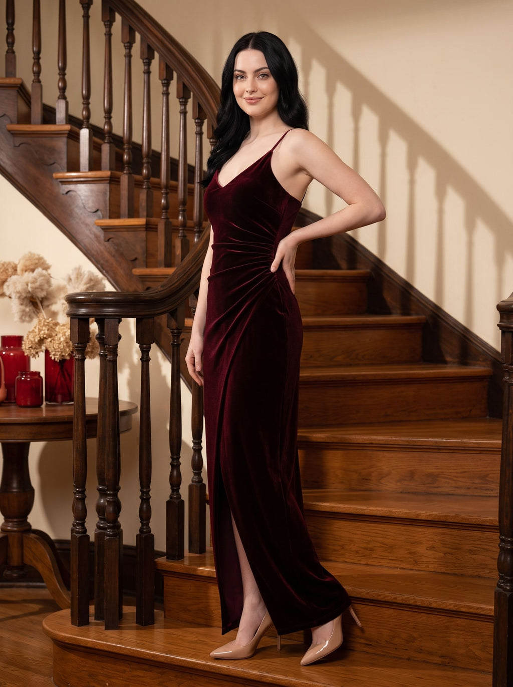 Burgundy Velvet Sheath V-Neck Back Zip Floor-Length Dress