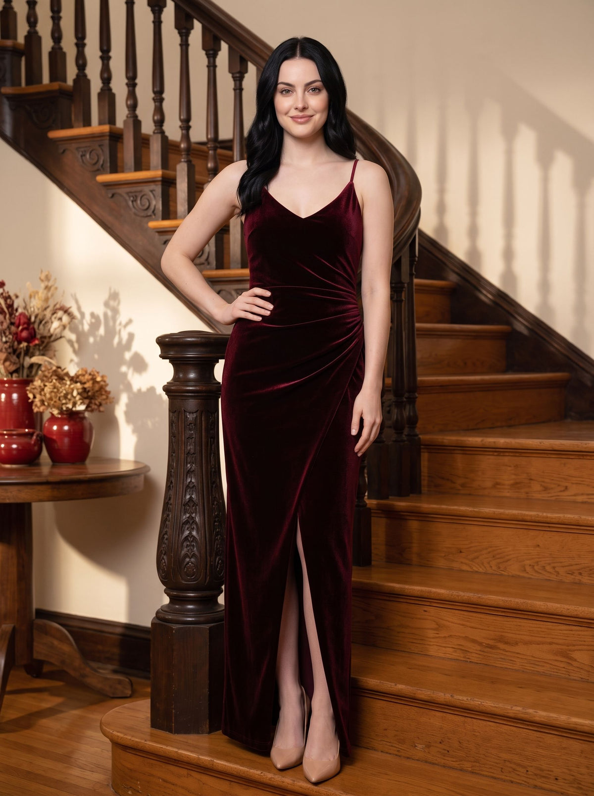 Burgundy Velvet Sheath V-Neck Back Zip Floor-Length Dress