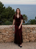 Burgundy Velvet Sheath V-Neck V-Back Floor-Length Bridesmaid Dress with Ruffles