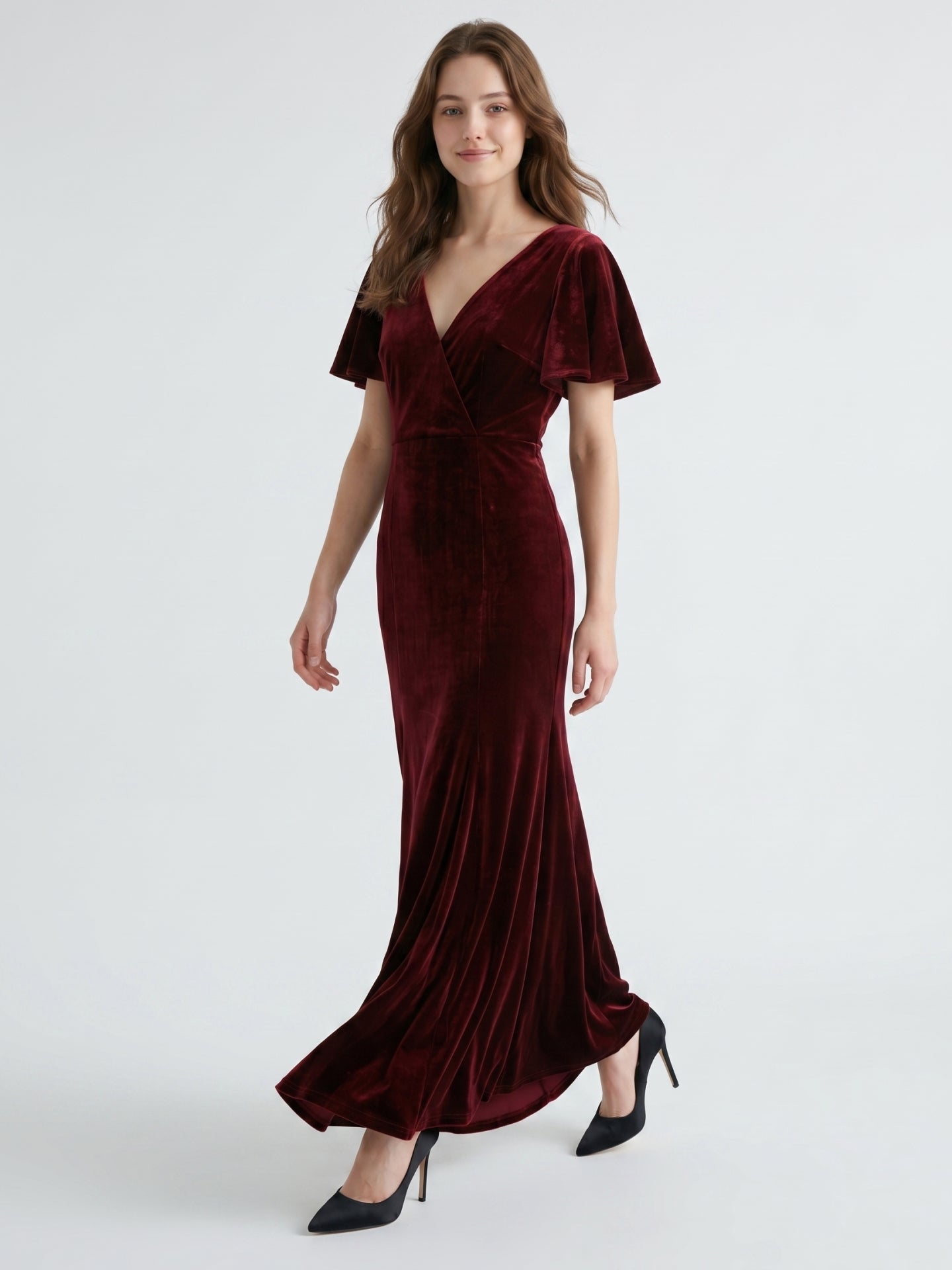 Burgundy Velvet Sheath V-Neck V-Back Floor-Length Bridesmaid Dress with Ruffles