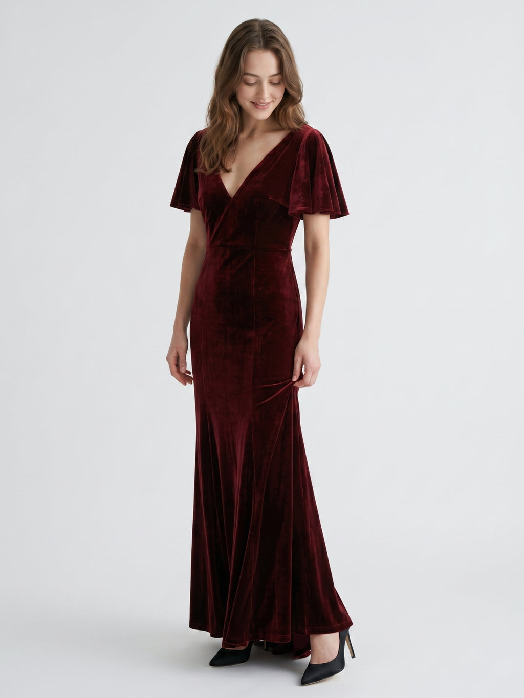 Burgundy Velvet Sheath V-Neck V-Back Floor-Length Bridesmaid Dress with Ruffles