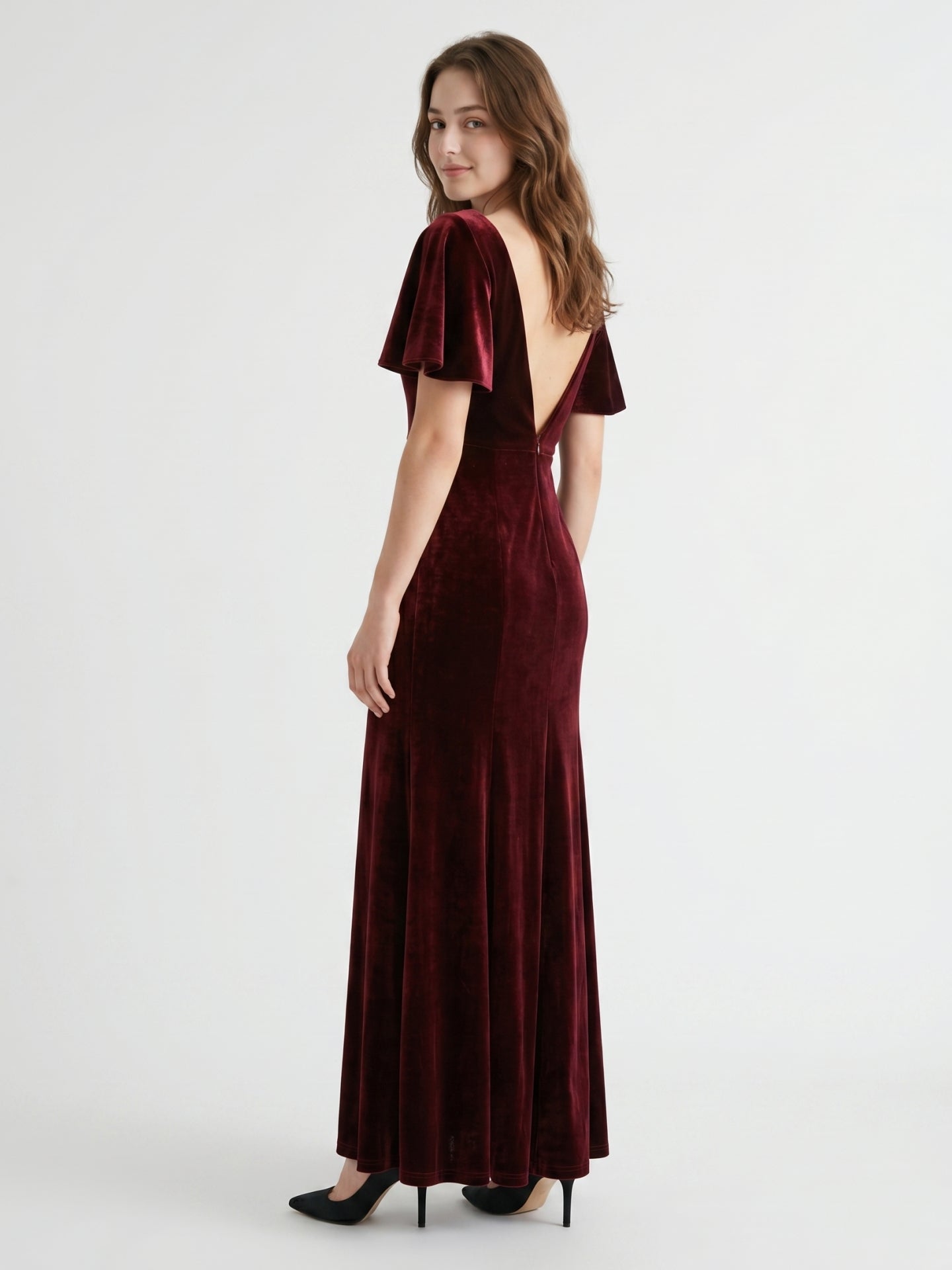 Burgundy Velvet Sheath V-Neck V-Back Floor-Length Bridesmaid Dress with Ruffles