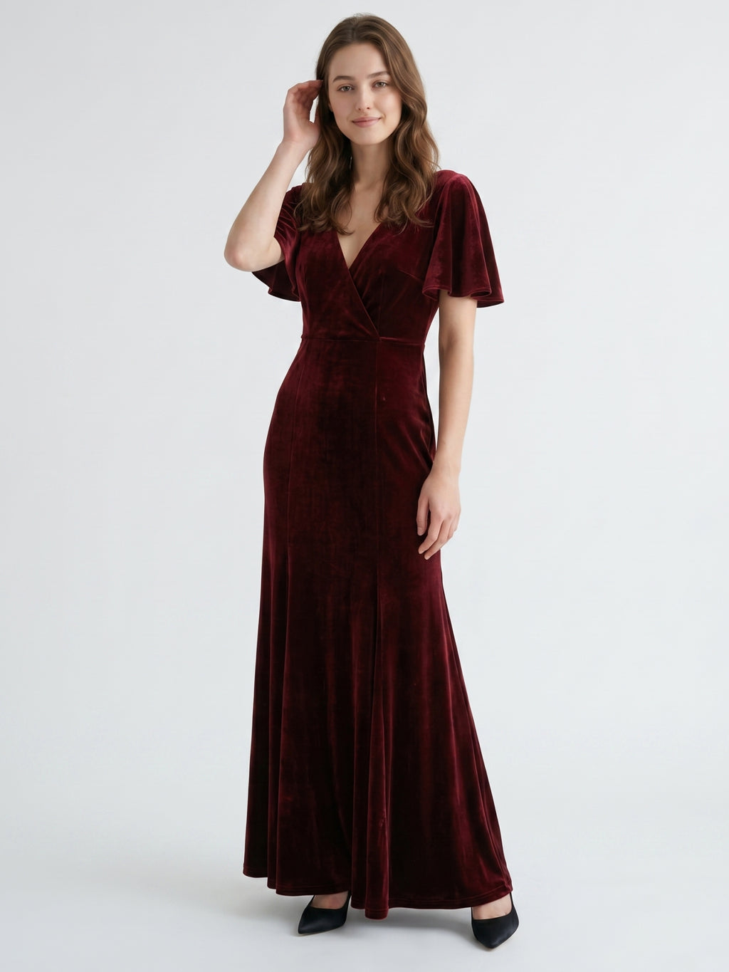 Burgundy Velvet Sheath V-Neck V-Back Floor-Length Bridesmaid Dress with Ruffles