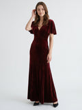 Burgundy Velvet Sheath V-Neck V-Back Floor-Length Bridesmaid Dress with Ruffles