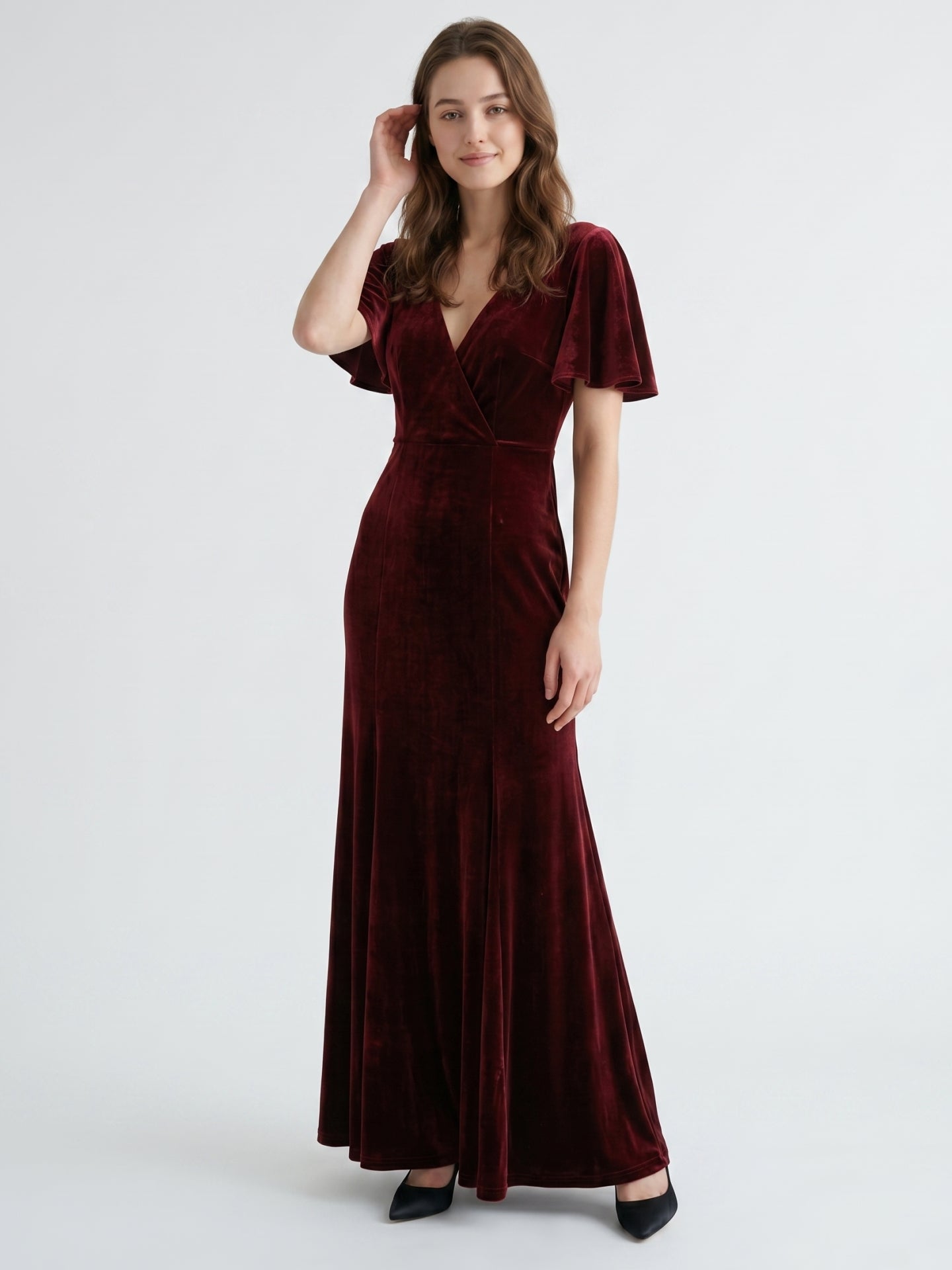 Burgundy Velvet Sheath V-Neck V-Back Floor-Length Bridesmaid Dress with Ruffles