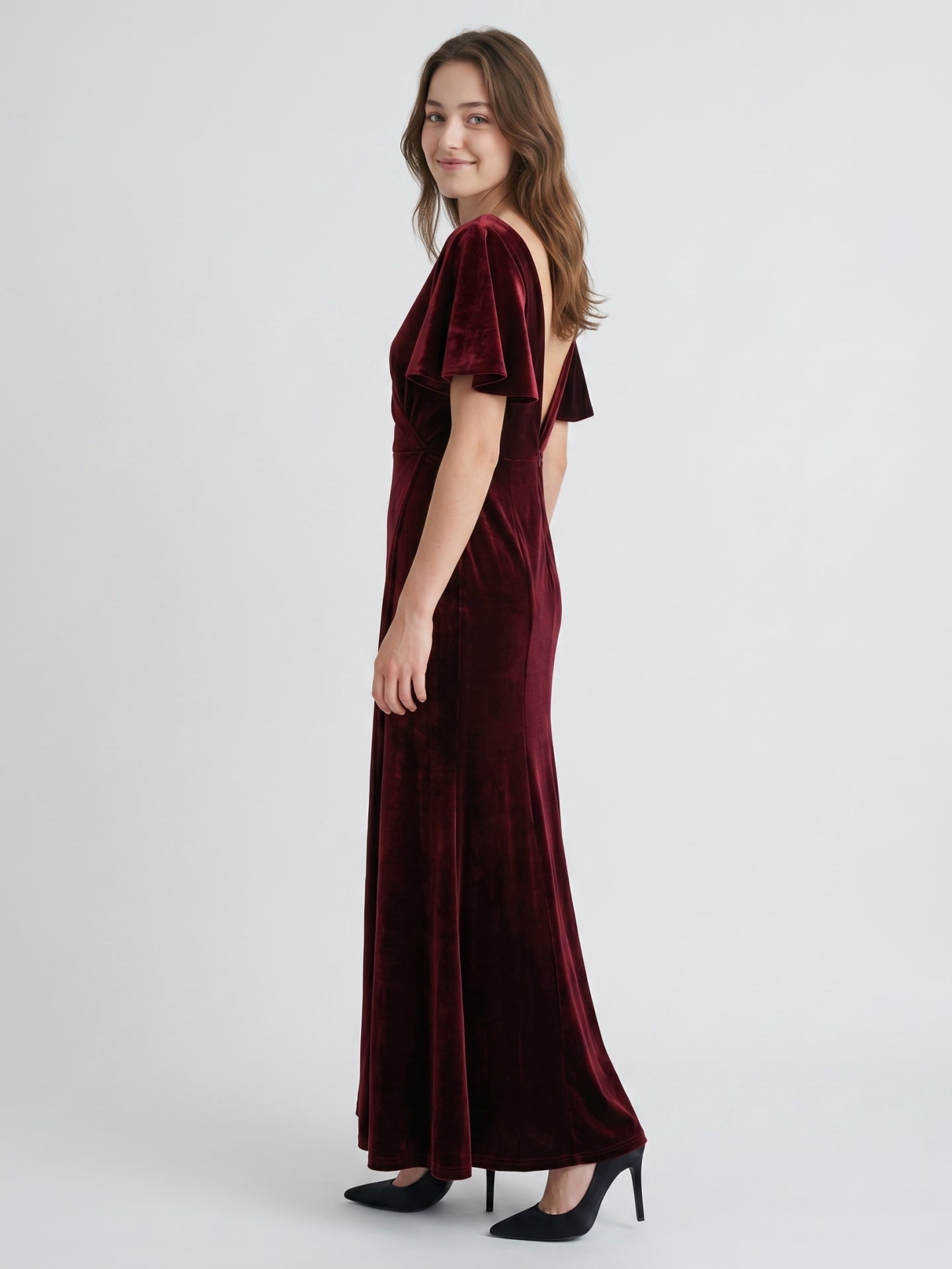 Burgundy Velvet Sheath V-Neck V-Back Floor-Length Bridesmaid Dress with Ruffles