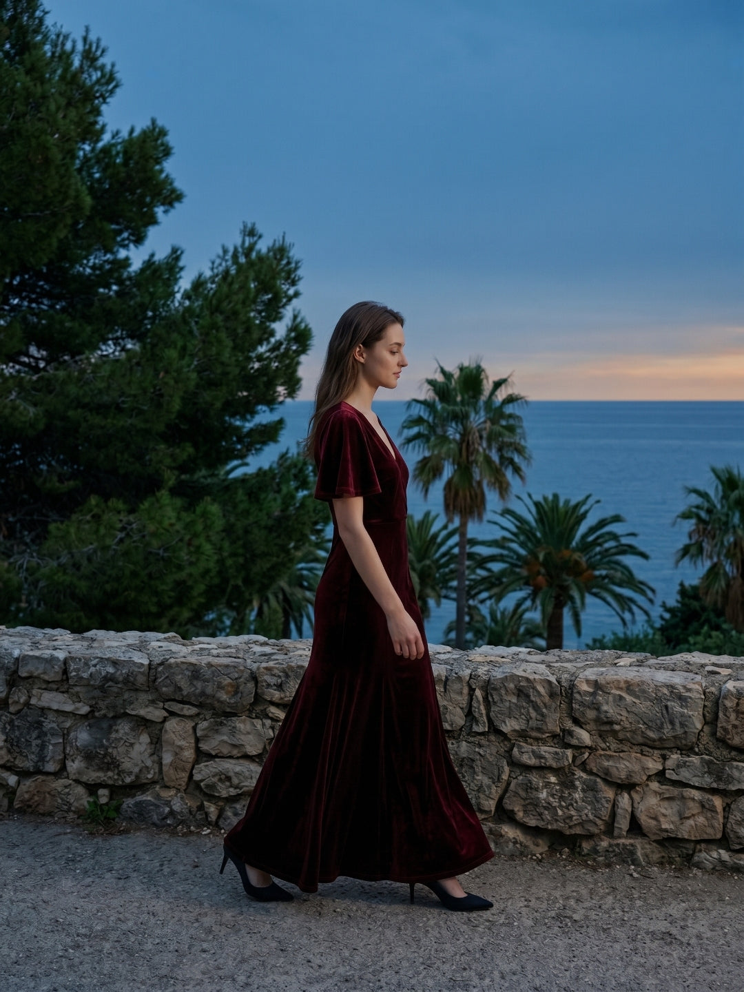 Burgundy Velvet Sheath V-Neck V-Back Floor-Length Bridesmaid Dress with Ruffles