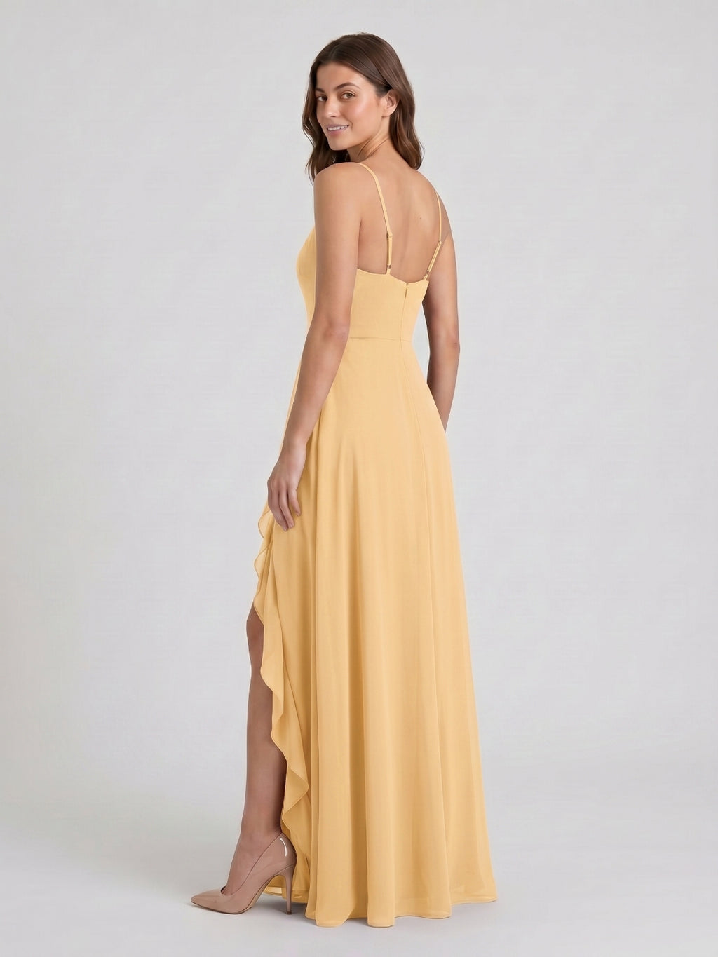 Butter Chiffon A-Line V-Neck Back Zip Floor-Length Bridesmaid Dress with Ruffles