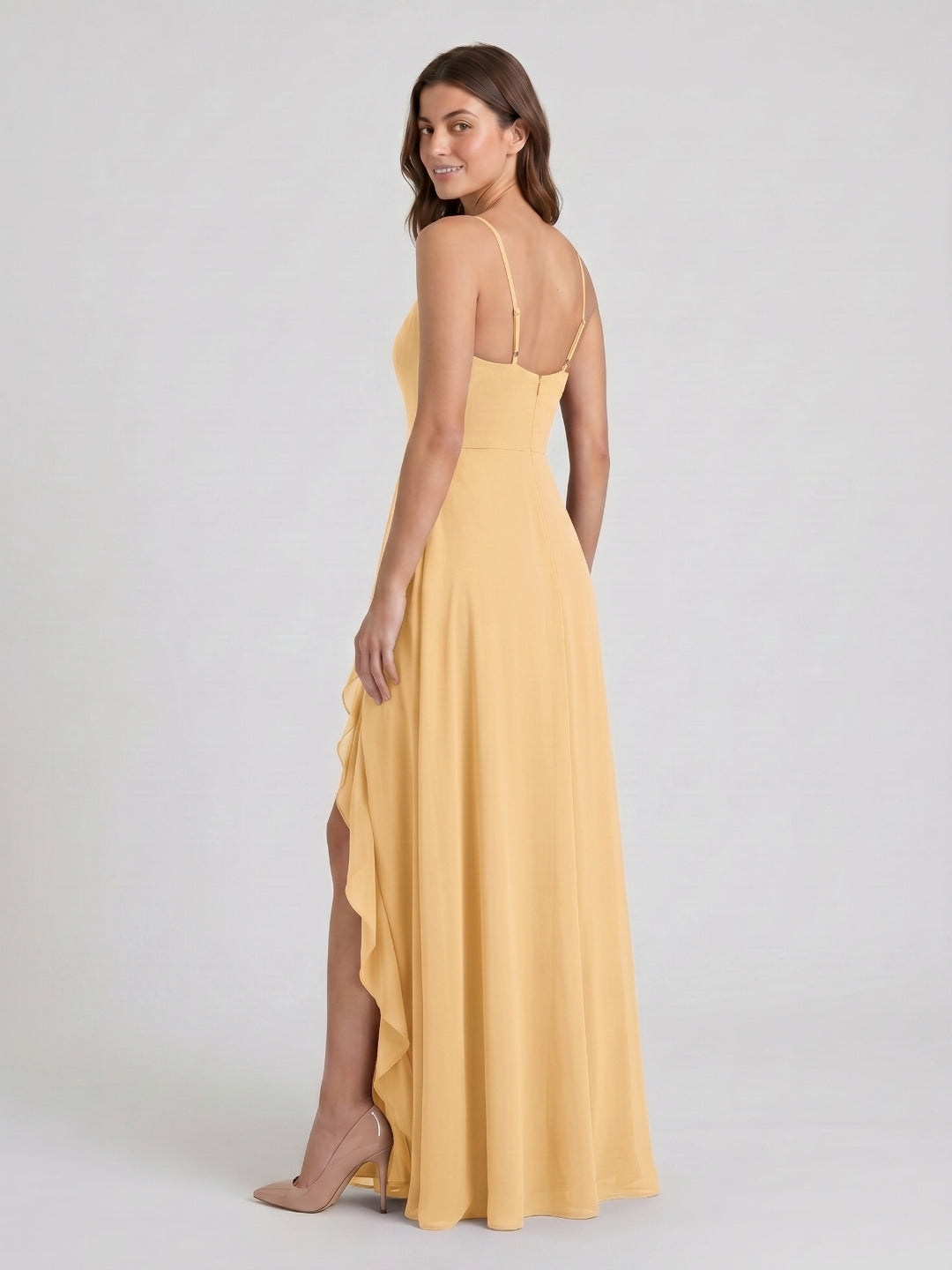 Butter Chiffon A-Line V-Neck Back Zip Floor-Length Bridesmaid Dress with Ruffles