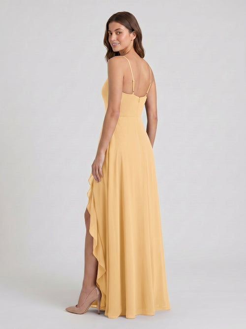 Butter Chiffon A-Line V-Neck Back Zip Floor-Length Bridesmaid Dress with Ruffles