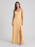 Butter Chiffon A-Line V-Neck Back Zip Floor-Length Bridesmaid Dress with Ruffles