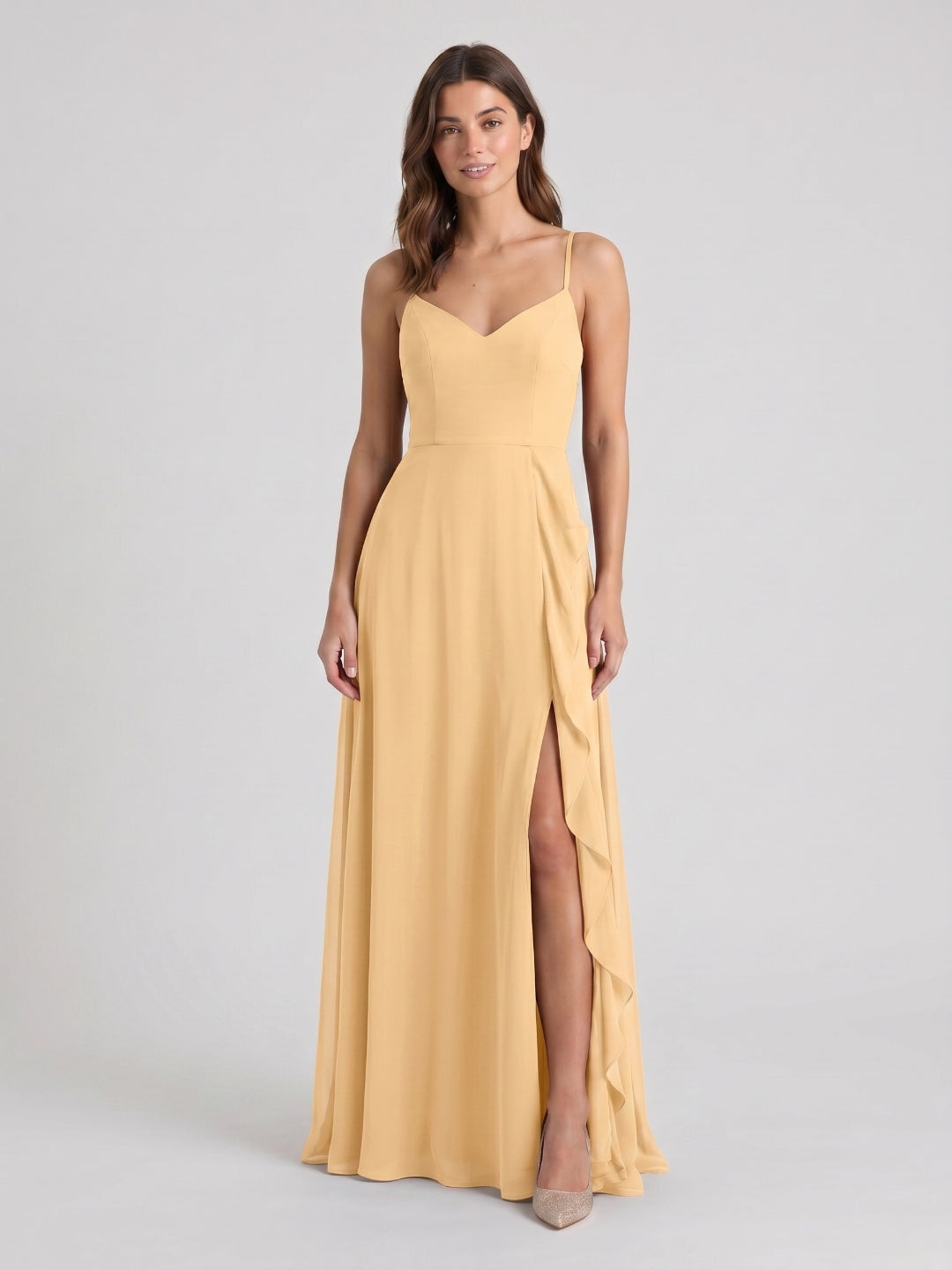 Butter Chiffon A-Line V-Neck Back Zip Floor-Length Bridesmaid Dress with Ruffles