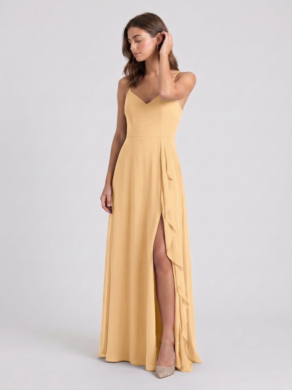 Butter Chiffon A-Line V-Neck Back Zip Floor-Length Bridesmaid Dress with Ruffles
