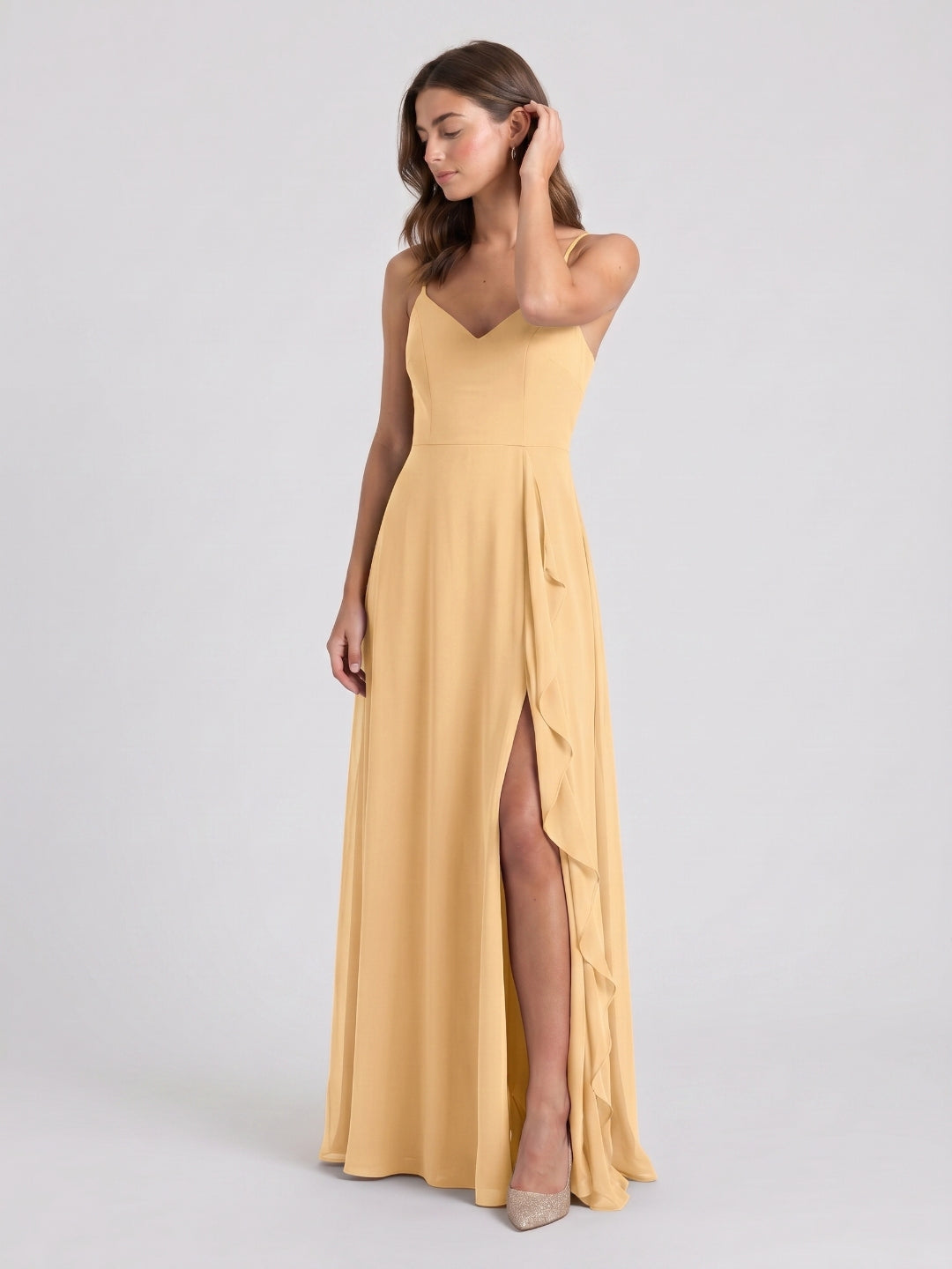 Butter Chiffon A-Line V-Neck Back Zip Floor-Length Bridesmaid Dress with Ruffles