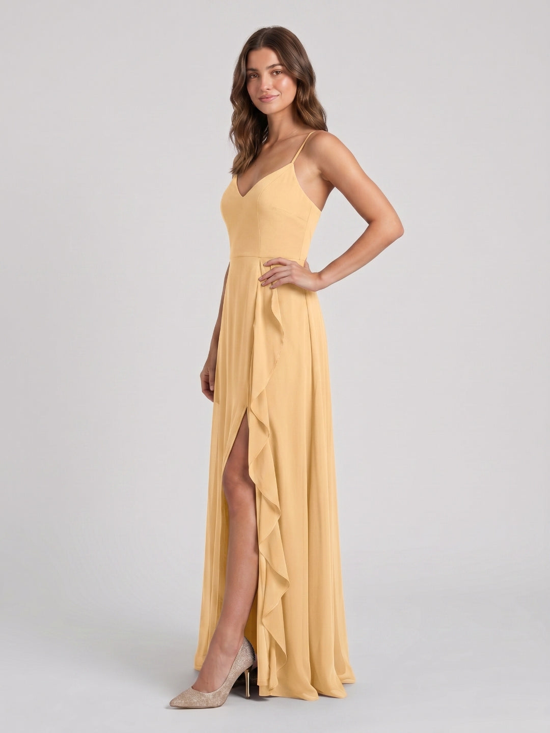 Butter Chiffon A-Line V-Neck Back Zip Floor-Length Bridesmaid Dress with Ruffles