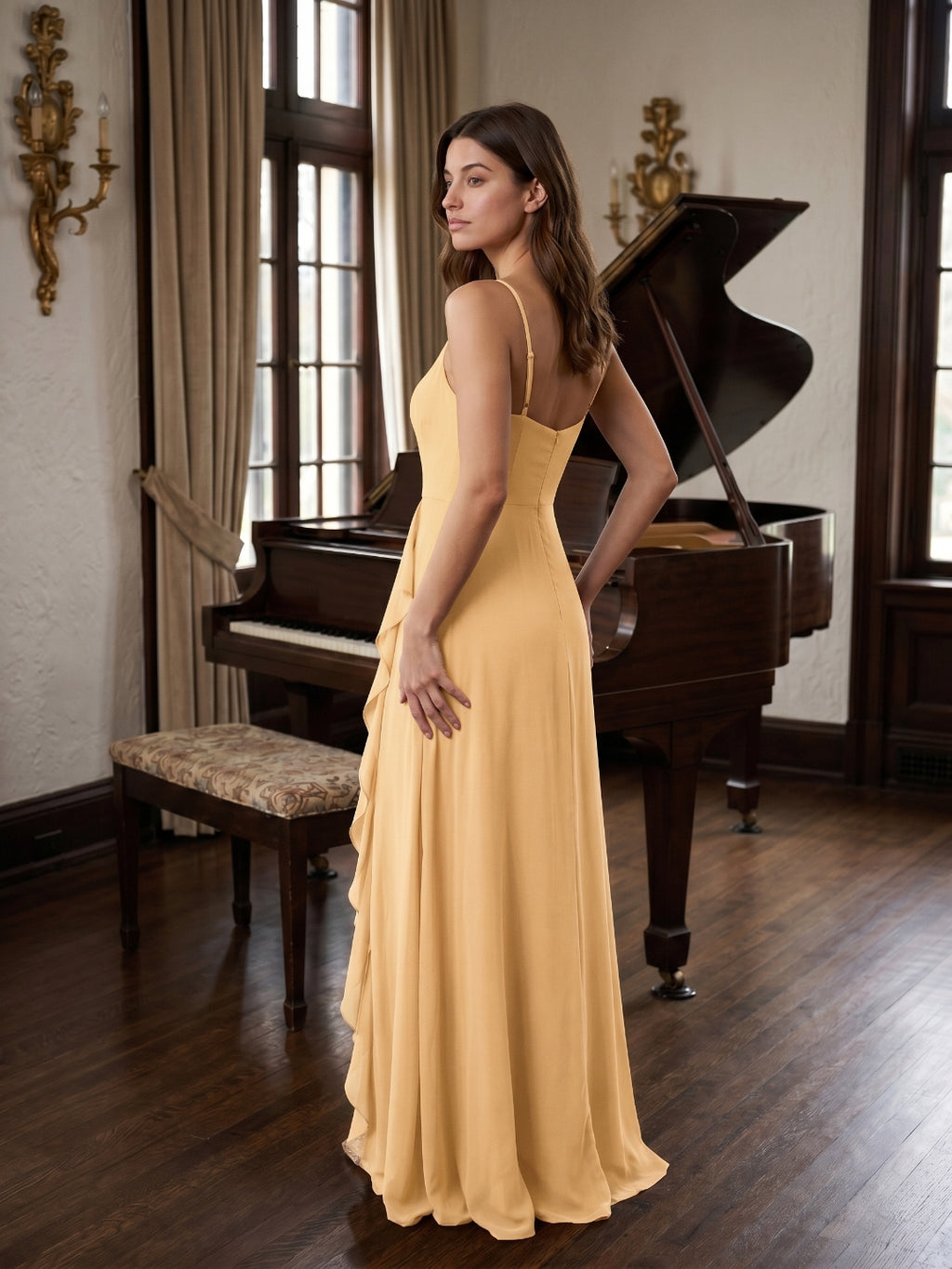 Butter Chiffon A-Line V-Neck Back Zip Floor-Length Bridesmaid Dress with Ruffles