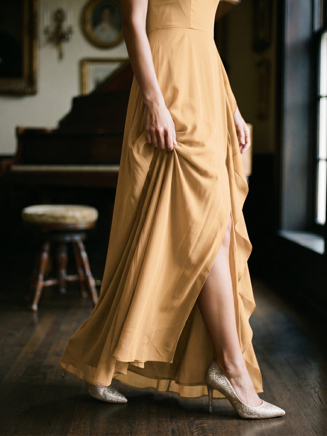 Butter Chiffon A-Line V-Neck Back Zip Floor-Length Bridesmaid Dress with Ruffles