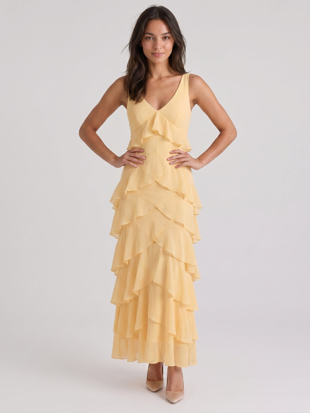 Butter Chiffon A-Line V-Neck Backless Ankle-Length Cascading Ruffle Prom Dress