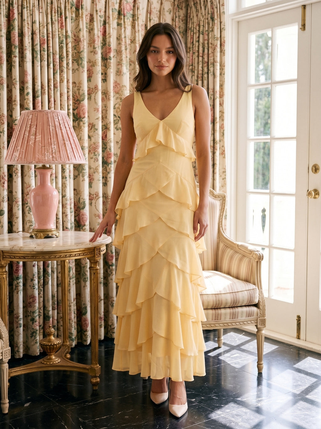 Butter Chiffon A-Line V-Neck Backless Ankle-Length Cascading Ruffle Prom Dress