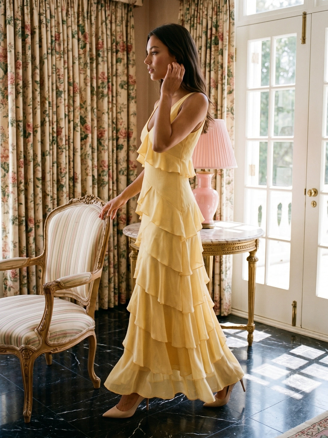 Butter Chiffon A-Line V-Neck Backless Ankle-Length Cascading Ruffle Prom Dress