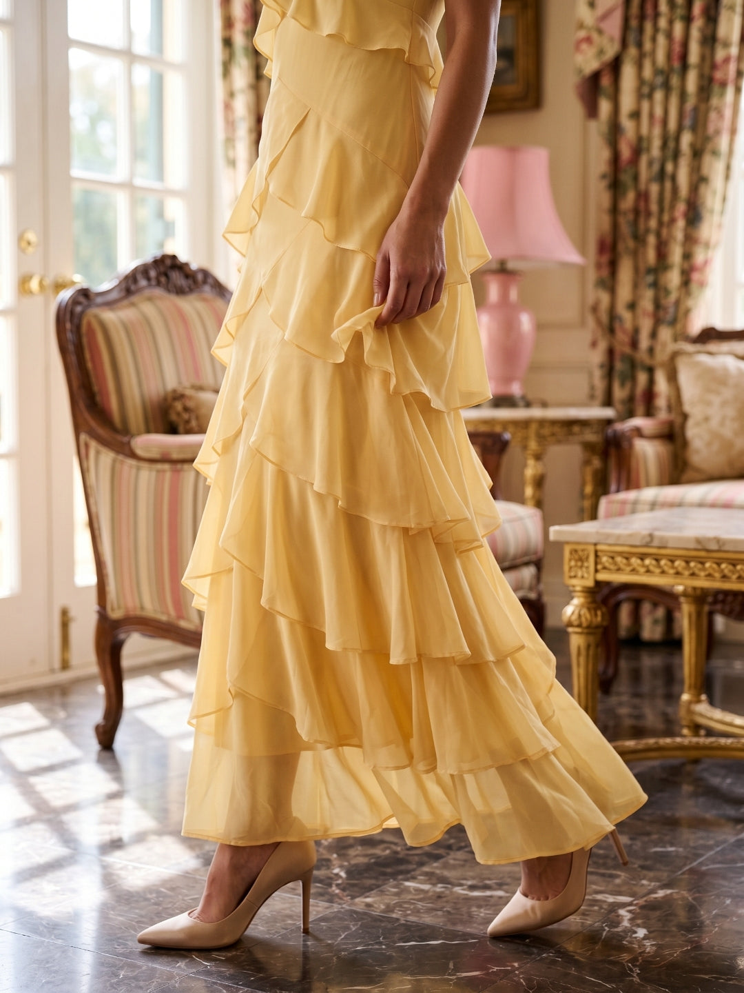 Butter Chiffon A-Line V-Neck Backless Ankle-Length Cascading Ruffle Prom Dress