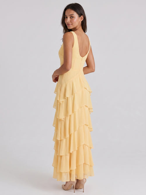 Butter Chiffon A-Line V-Neck Backless Ankle-Length Cascading Ruffle Prom Dress