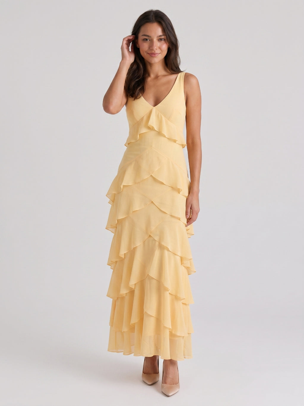 Butter Chiffon A-Line V-Neck Backless Ankle-Length Cascading Ruffle Prom Dress