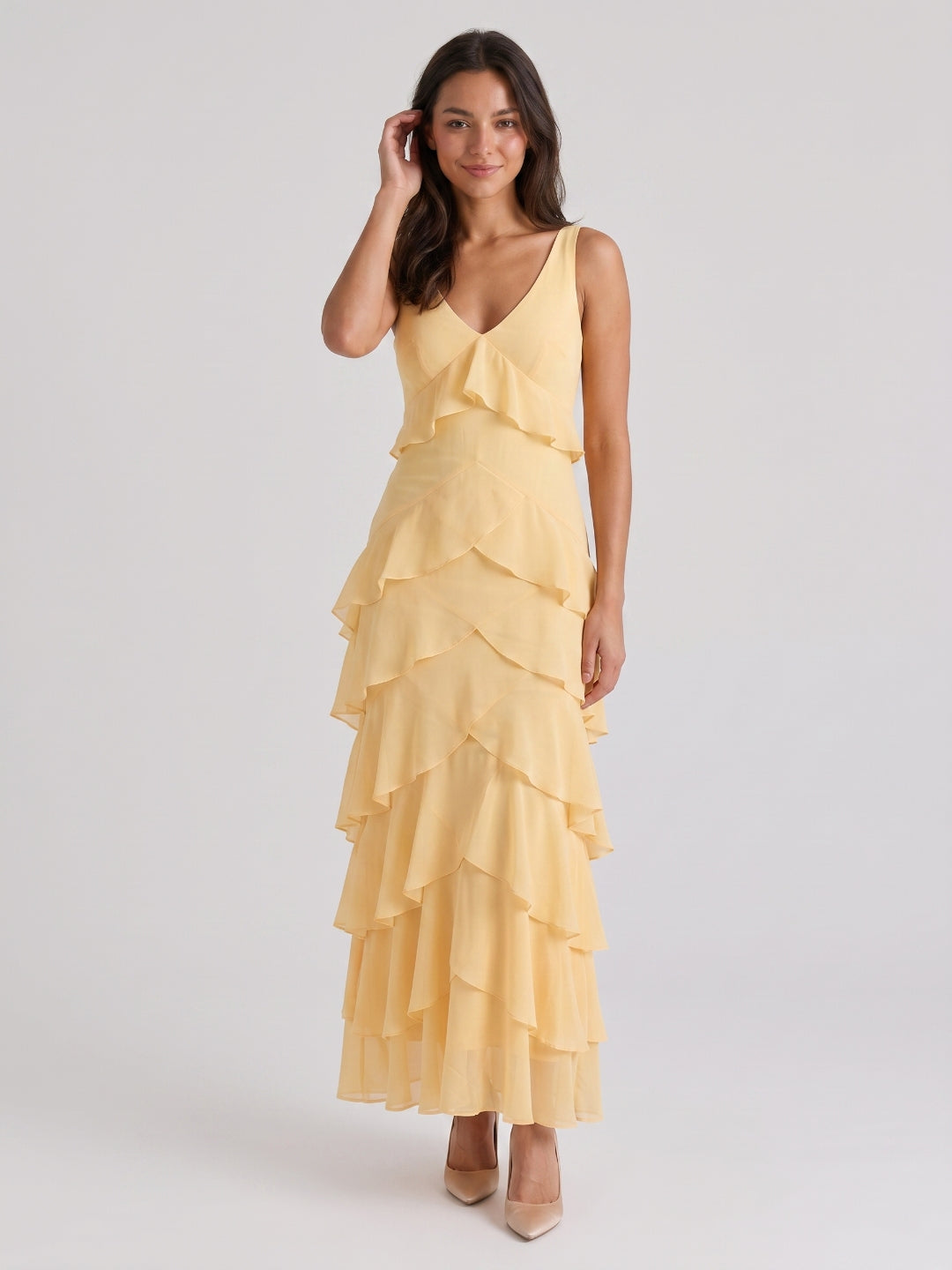 Butter Chiffon A-Line V-Neck Backless Ankle-Length Cascading Ruffle Prom Dress