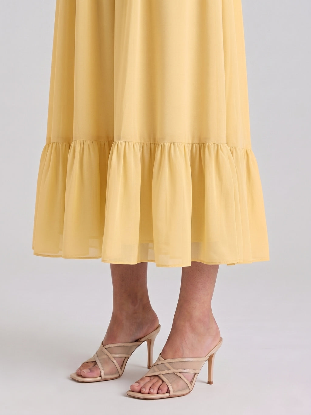 Butter Chiffon A-Line V-Neck V-Back Ankle-Length Bridesmaid Dress with Ruffles