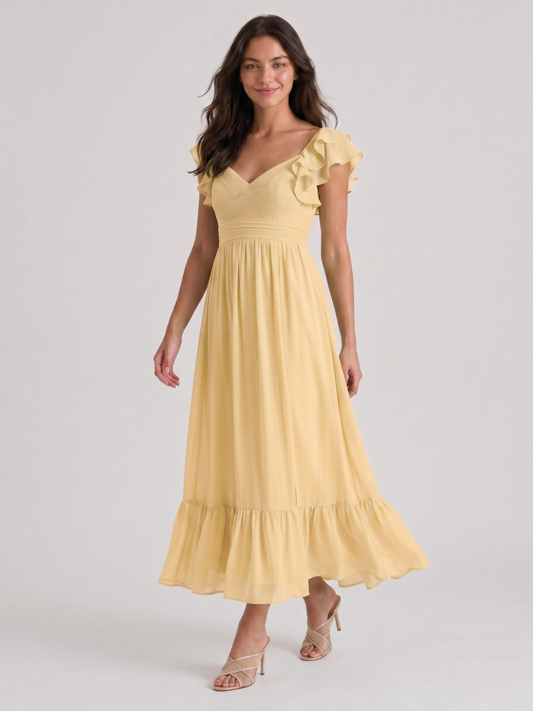 Butter Chiffon A-Line V-Neck V-Back Ankle-Length Bridesmaid Dress with Ruffles