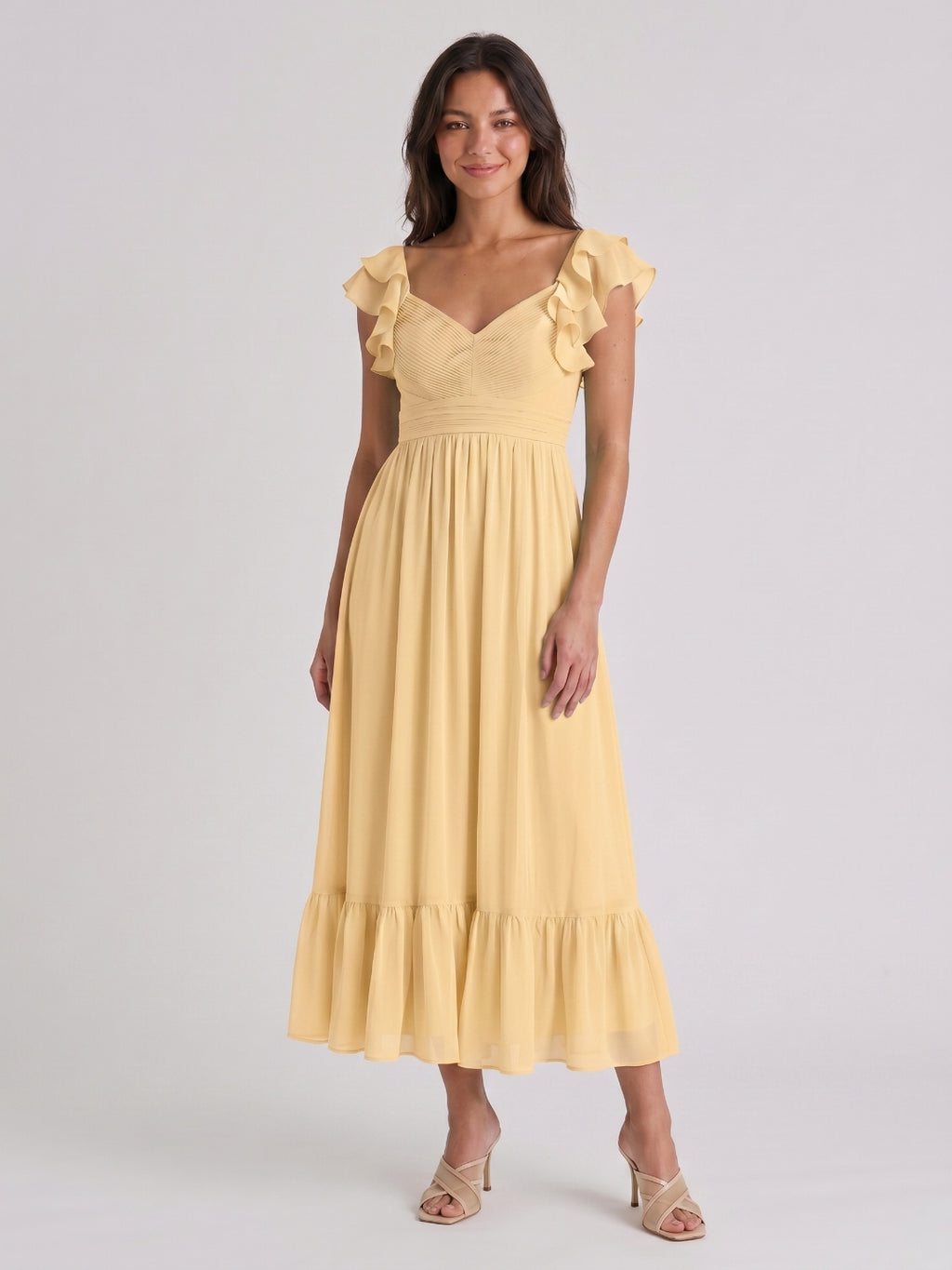 Butter Chiffon A-Line V-Neck V-Back Ankle-Length Bridesmaid Dress with Ruffles