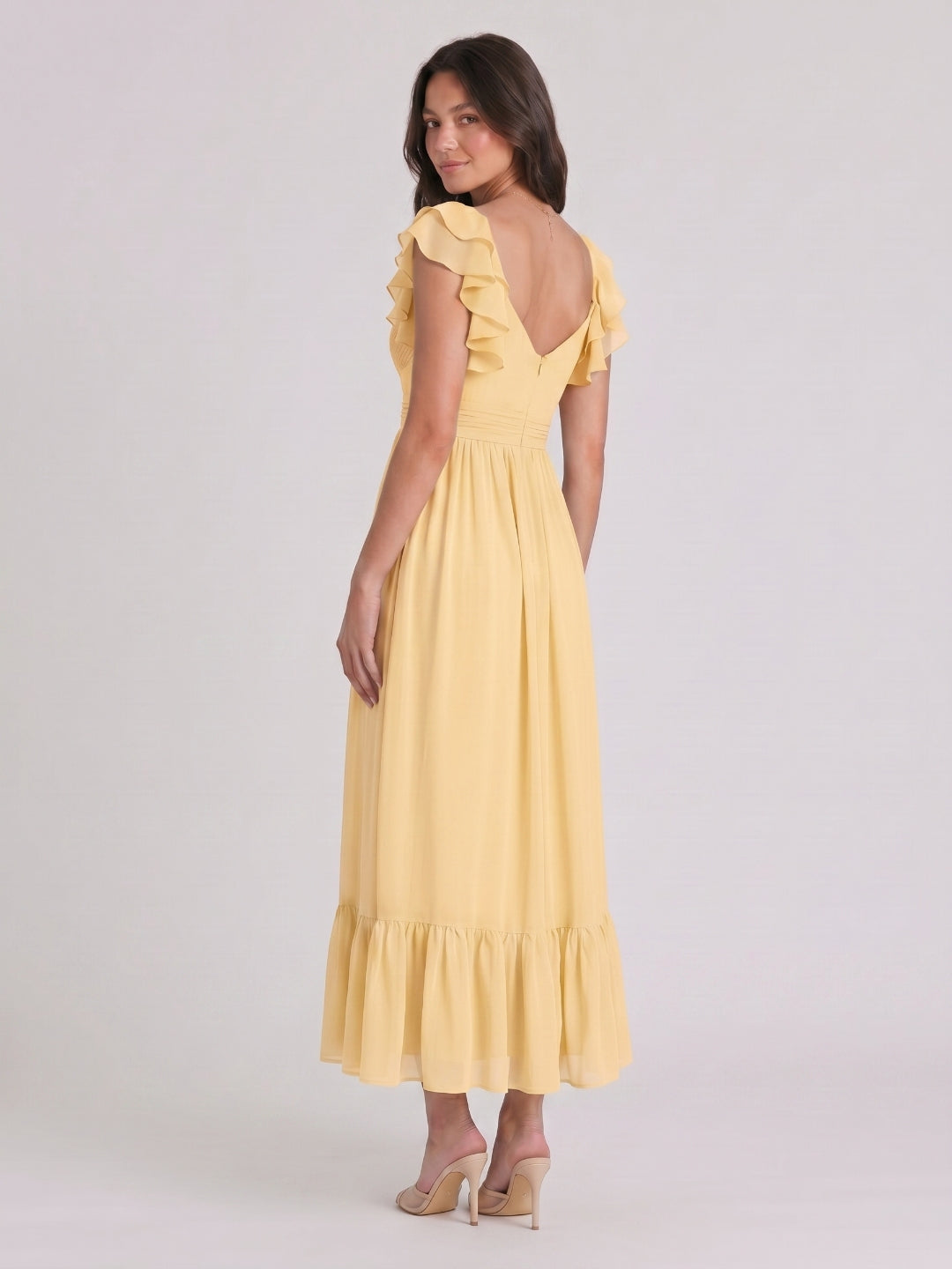 Butter Chiffon A-Line V-Neck V-Back Ankle-Length Bridesmaid Dress with Ruffles