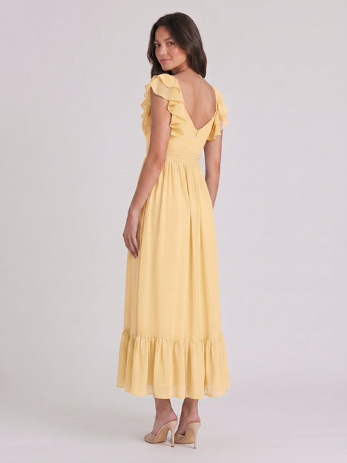 Butter Chiffon A-Line V-Neck V-Back Ankle-Length Bridesmaid Dress with Ruffles