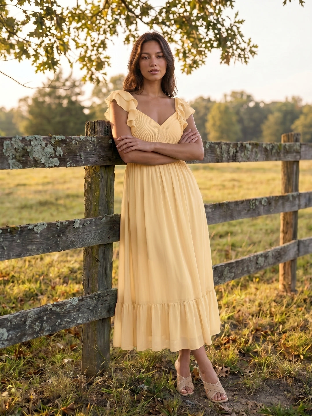 Butter Chiffon A-Line V-Neck V-Back Ankle-Length Bridesmaid Dress with Ruffles