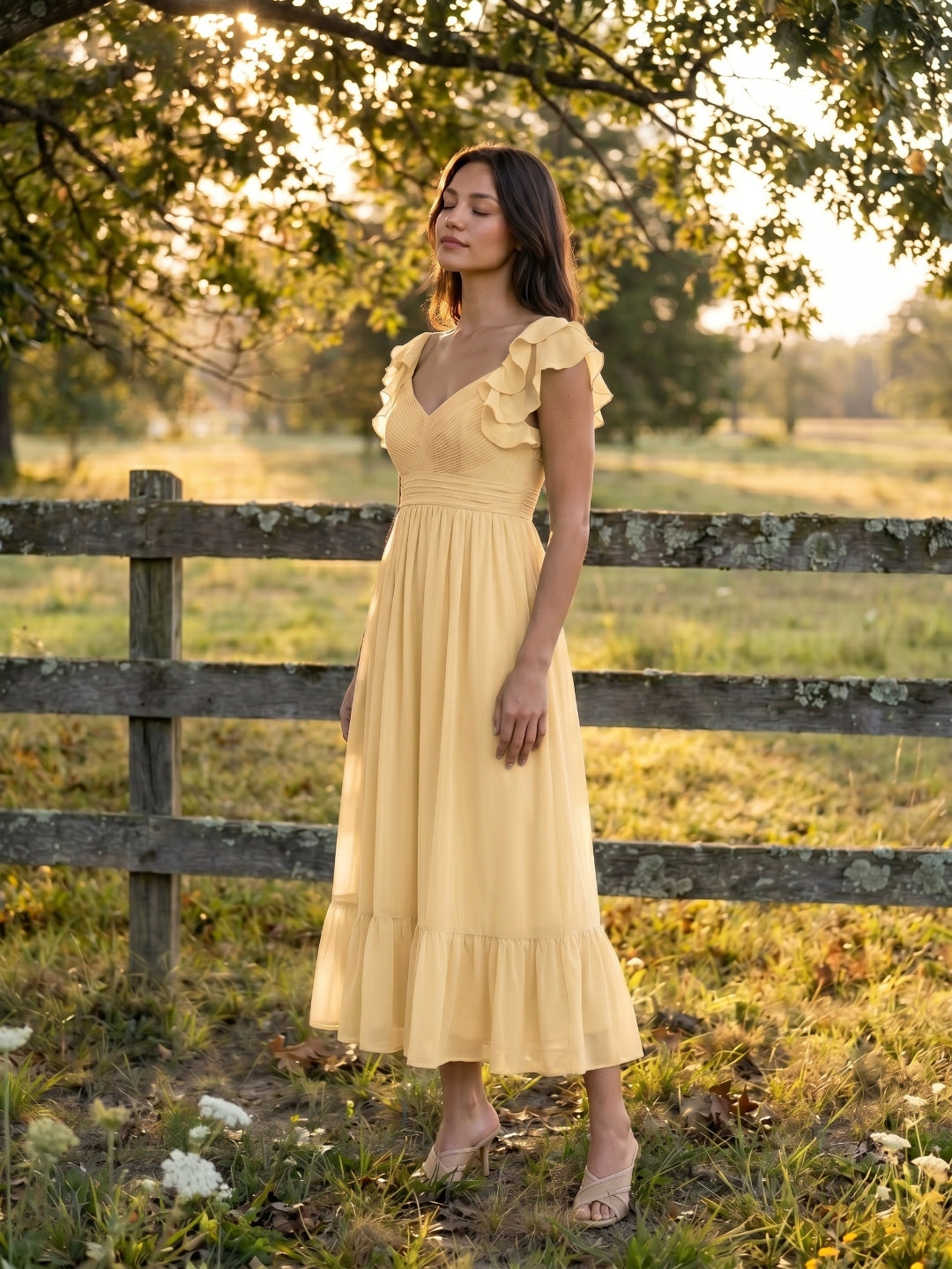 Butter Chiffon A-Line V-Neck V-Back Ankle-Length Bridesmaid Dress with Ruffles