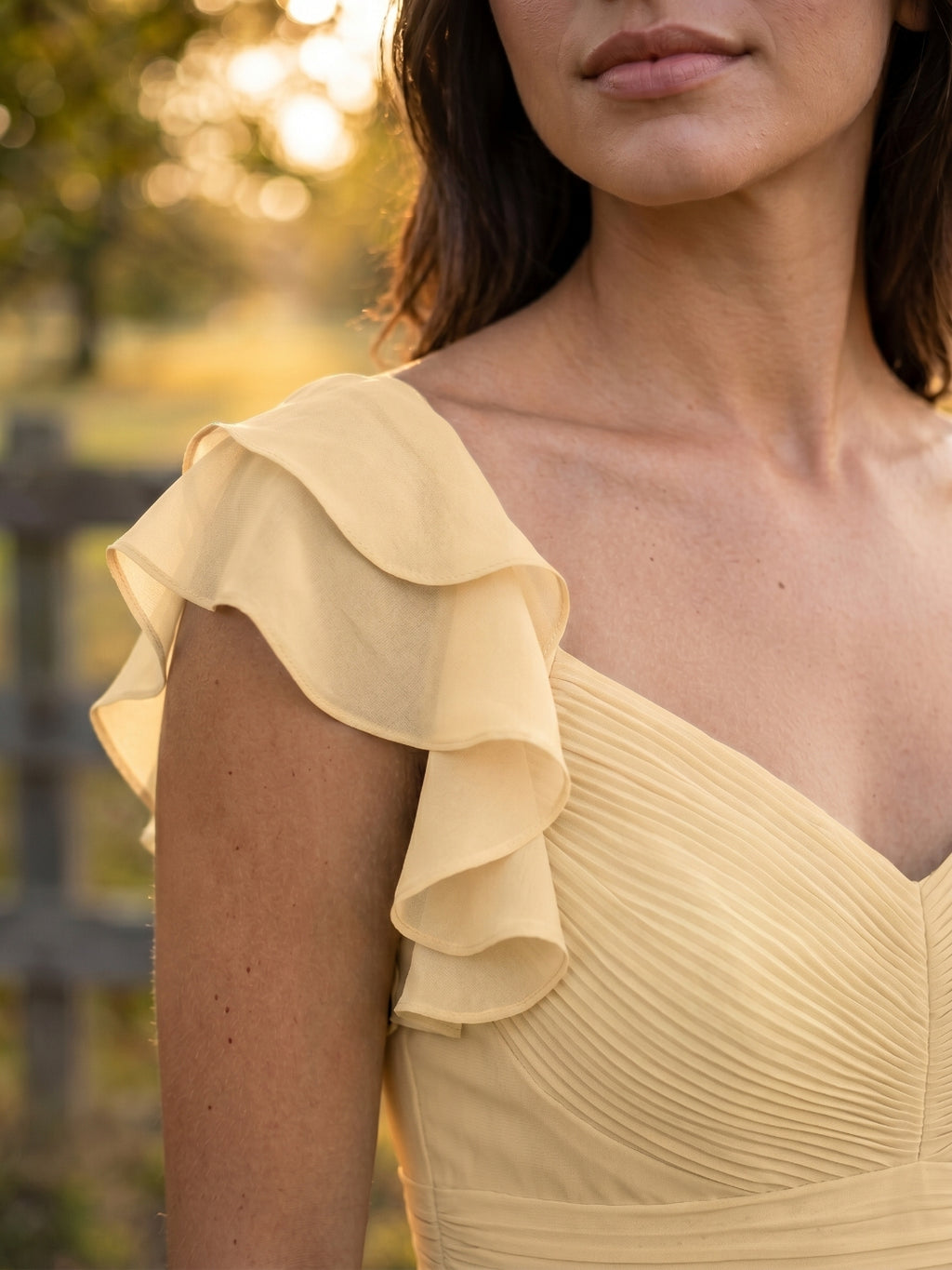 Butter Chiffon A-Line V-Neck V-Back Ankle-Length Bridesmaid Dress with Ruffles