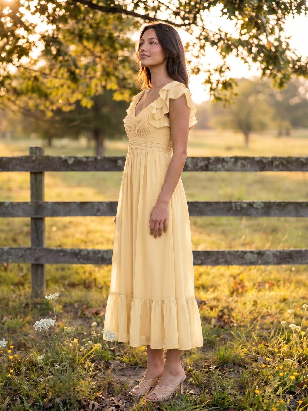 Butter Chiffon A-Line V-Neck V-Back Ankle-Length Bridesmaid Dress with Ruffles