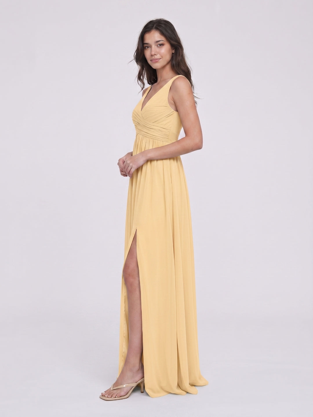 Butter Chiffon A-Line V-Neck V-Back Floor-Length Bridesmaid Dress with Pleating
