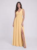 Butter Chiffon A-Line V-Neck V-Back Floor-Length Bridesmaid Dress with Pleating